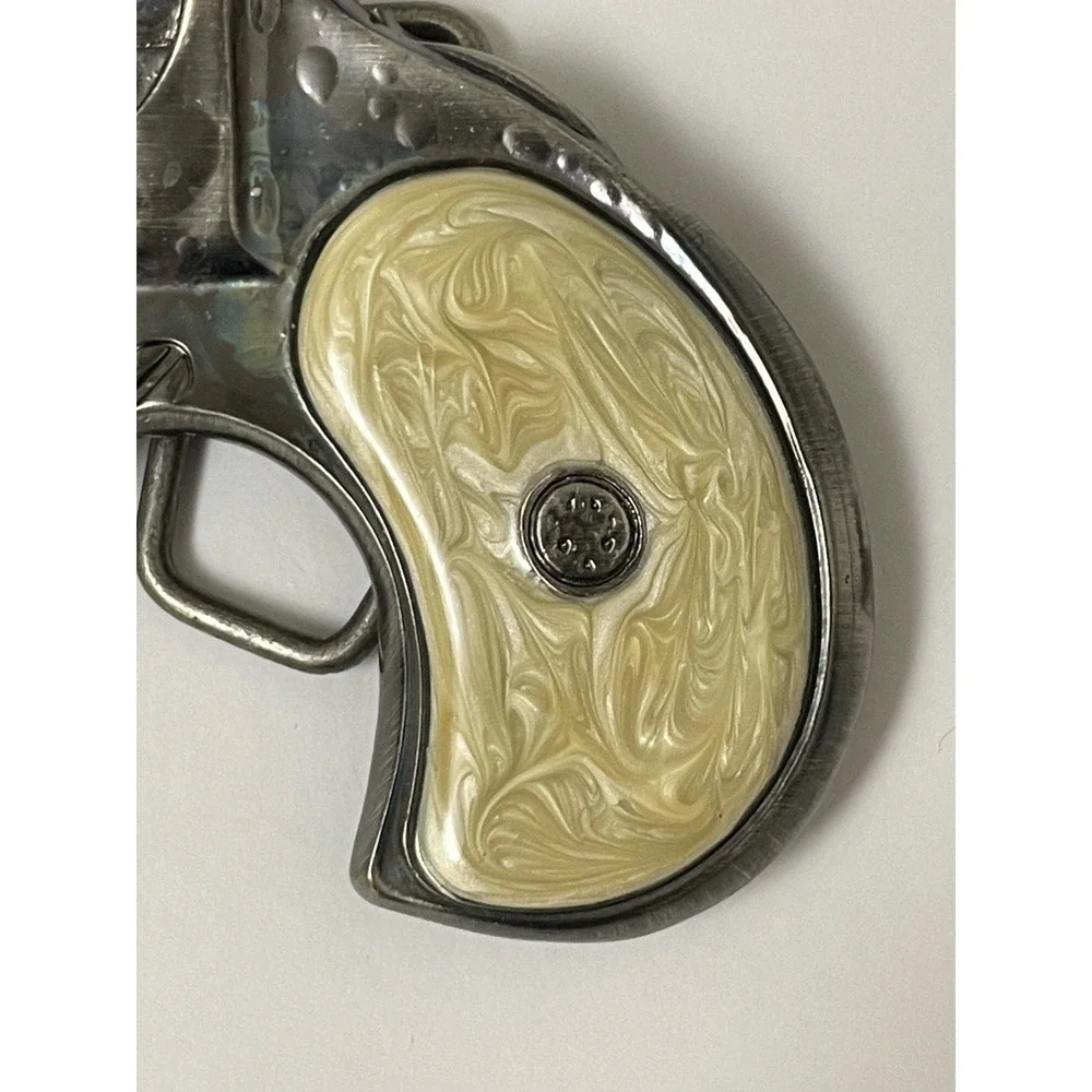 Vintage Remington Style Derringer Pistol Belt Buckle - Faux Pearl Grips